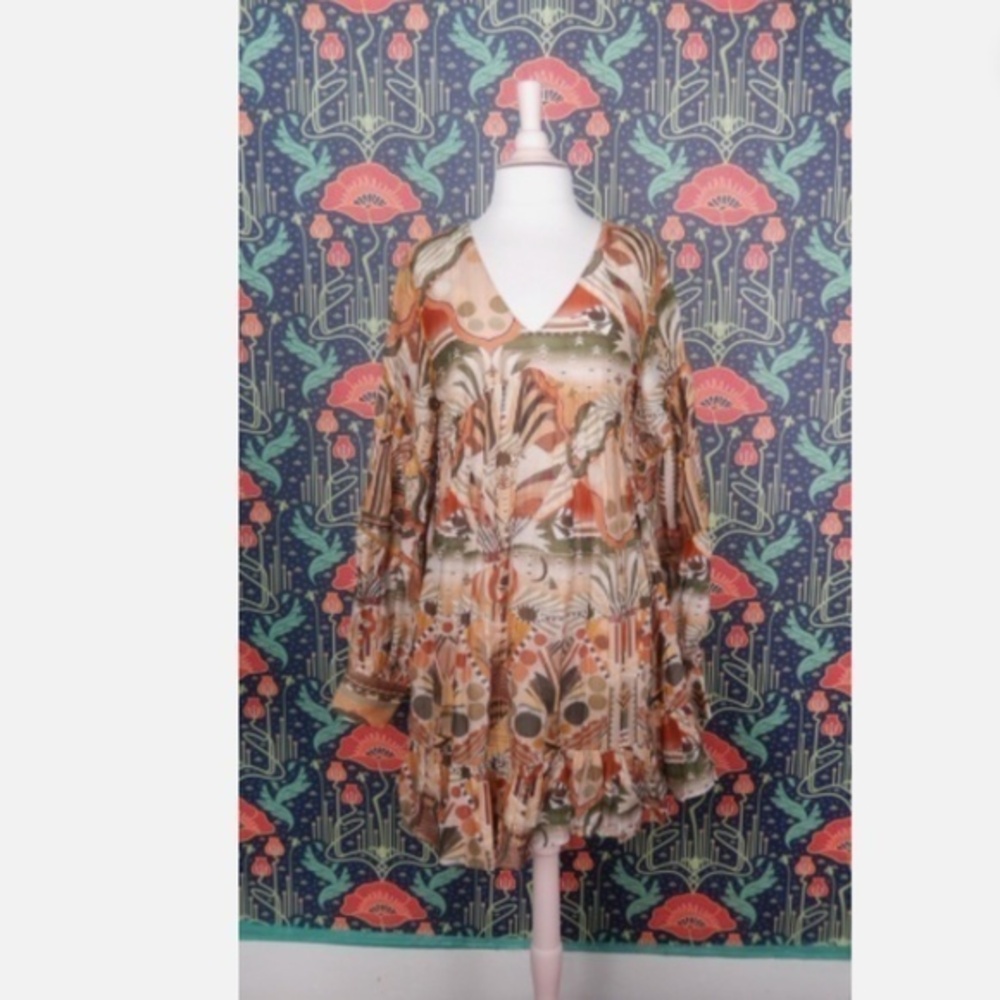 Chufy Femi Mini Giza Gold Long Sleeve A-Line Boho Dress S Nwt